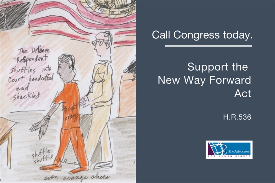 [ai] An illustration depicting a person in an orange outfit, handcuffed and shackled, entering a courtroom. The background includes a U.S. flag. Text at the top encourages calling Congress to support the New Way Forward Act, H.R.536.